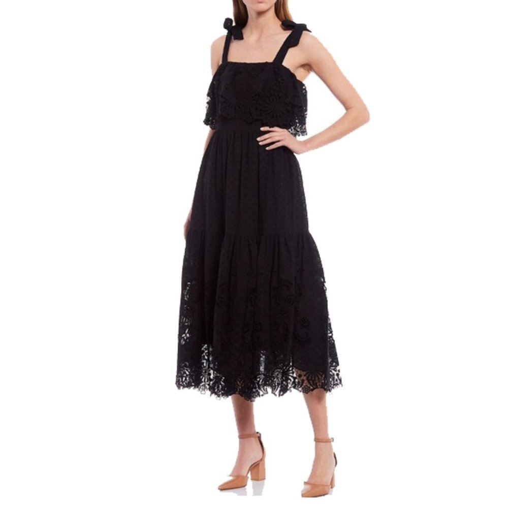 Antonio Melanie Black Siri Embroidered Dress Sleeveless Midi Heavy Size 10